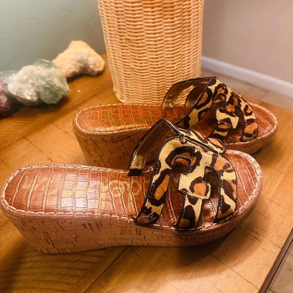 Sam Edelman Regis Leather Leopard Print Calf Hair Wedge Sandal Size 7.5